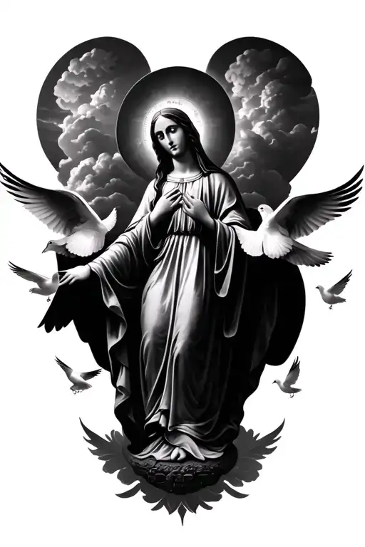 the virgin mary with clouds surrounding and 5 doves flying around tattoo design idea