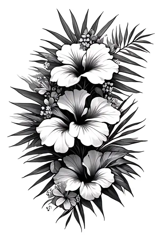 hibiscus flowers with palm  fronds and small flowers tattoo design idea