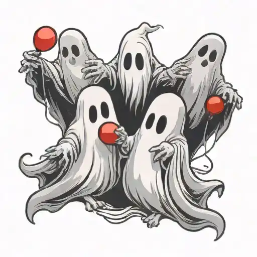 3 ghost. one ghost  holding a wand, second ghost holding a red ballon and third ghost  is holding hands with first ghost tattoo design idea