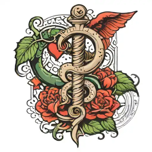 rod of asclepius with realistic heart and vital signs  tattoo design idea