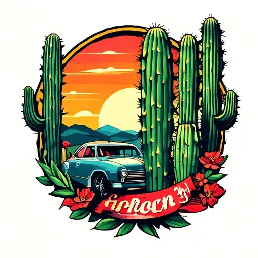 Americana cactus with sunset and racing style wreath wrapped around the boarder tattoo design idea
