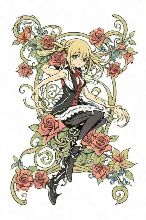 Maka Albarn from Soul Eater, in a combar position with elegant, flowing vines adorned with stylized lilies and roses. tattoo design idea