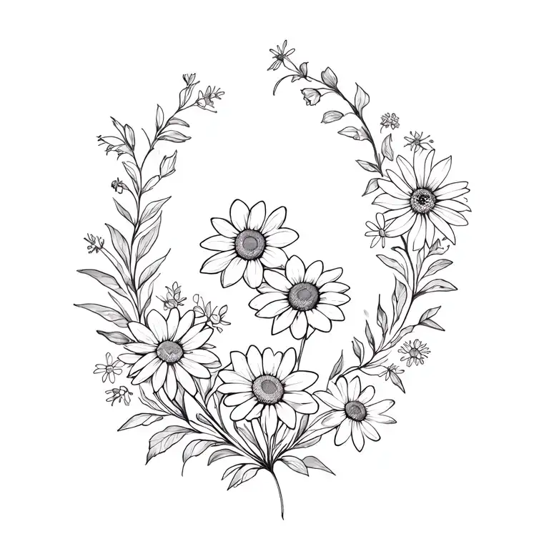 flowing vine of wildflowers, daffodils, coneflowers, black-eyed susans, daisies, and dogwoods tattoo design idea