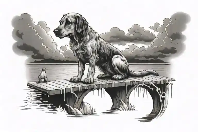 a medium-sized, short furr dog sitting on a bridge over crystal water with clouds and a rainbow in the background tattoo design idea