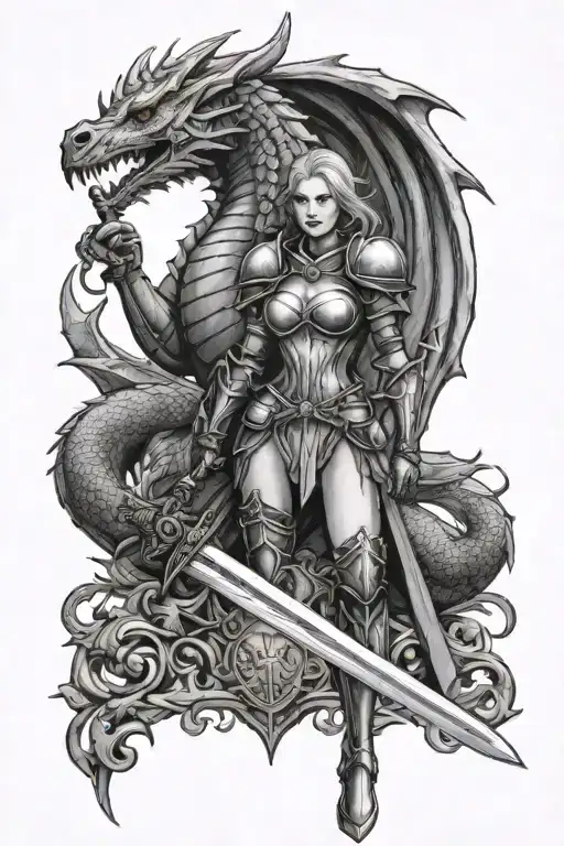 gothic architecture female knight holding a sword dragon tattoo design idea