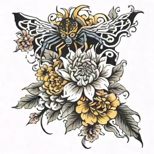 irezumi style forearm with spider Lillie's and Chrysanthemum tattoo design idea