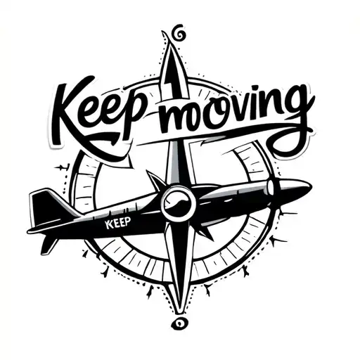 "Keep moving" "Keep moving" "Keep moving" aeroplane with compass tattoo design idea
