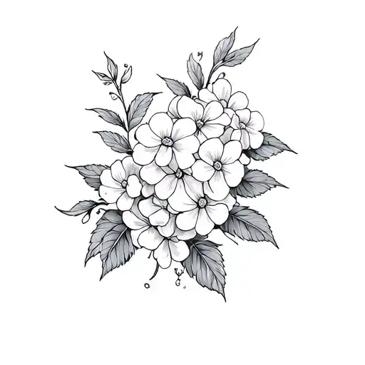 Detailed black and grey floral tattoo featuring large blooming lilacs and cherry blossoms intertwined with delicate lea tattoo design idea