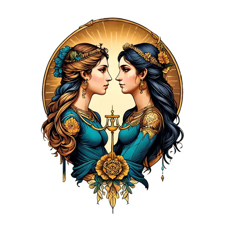 male libra and female gemini sisters facing each other tattoo design idea