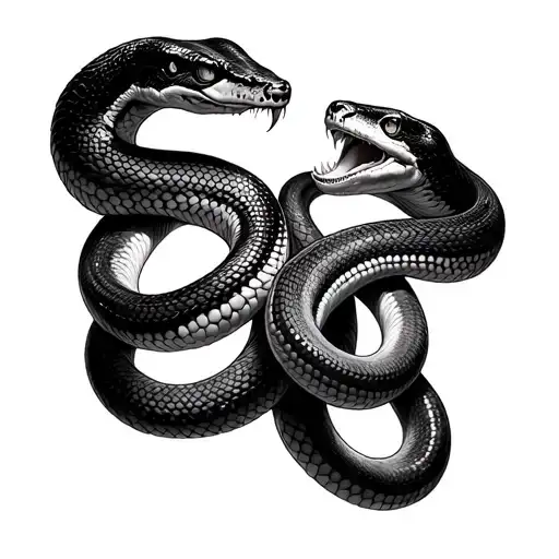 Generate a tattoo idea of 2 hyper realistic snakes wrapped around each collarbone and hissing at each other  tattoo design idea