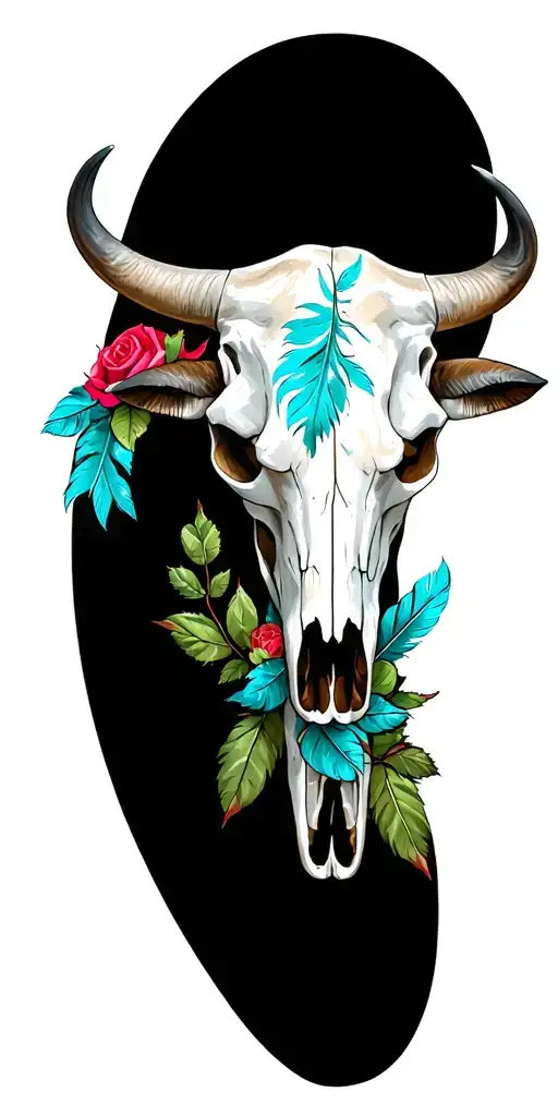 bull skull with turquoise cacti feathers and roses tattoo design idea