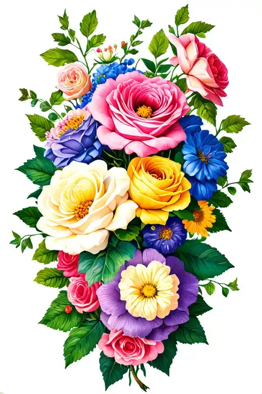 realistic pale colourful bouquet, with multiple different flowers tied with rose vine tattoo design idea