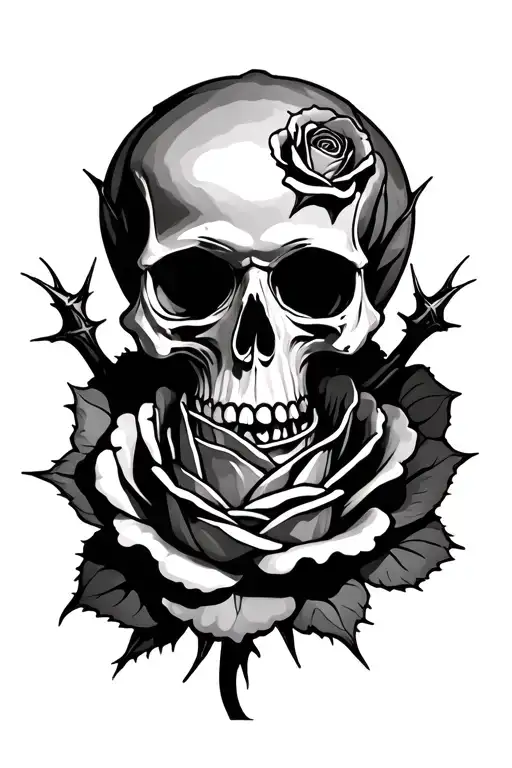 small skull inside a large rose with thorns tattoo design idea