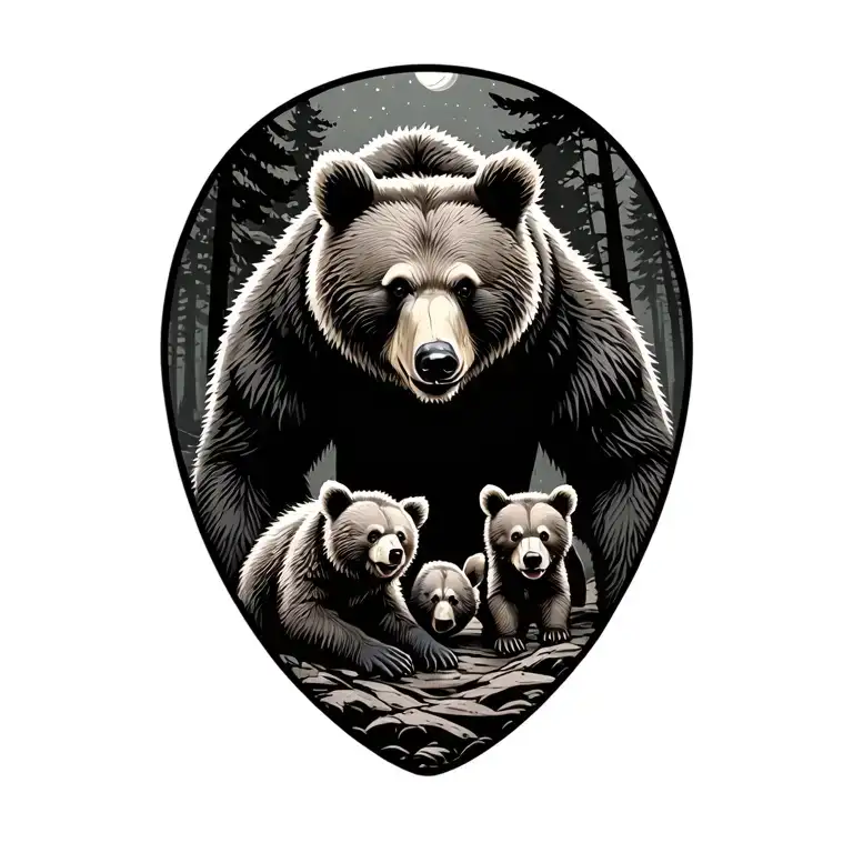3 bear cubs playing in a wilderness scene with male bear guarding,  tattoo design idea