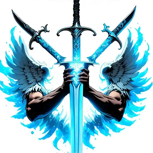 Three floating swords (Archangel Michael–inspired, with anime flair like Black Clover)Blue divine aura around the biceps tattoo design idea