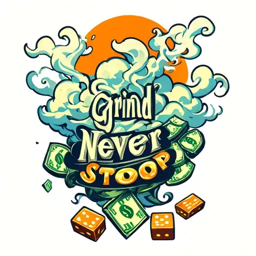 money symbols and clouds with smoke and dice rolling and title says : grind never stop tattoo design idea