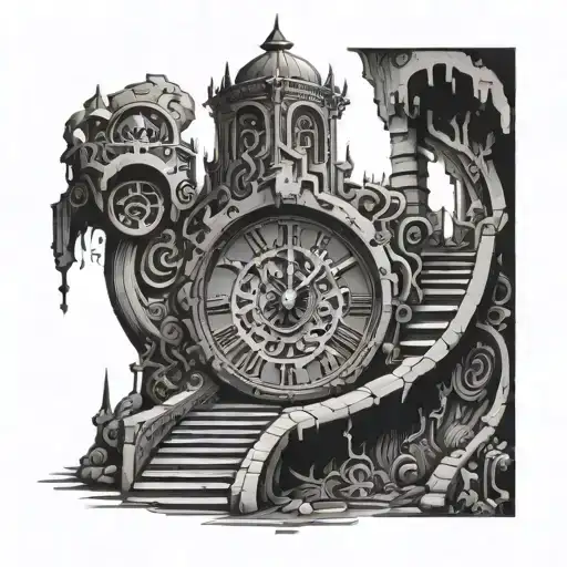 labyrinth clock surrounded by labyrinth stairs tattoo design idea