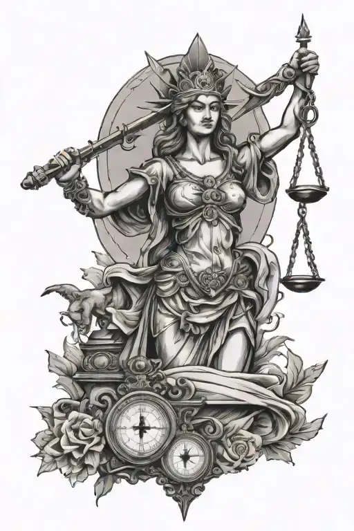 lady justice with crossed muskets and a compass tattoo design idea