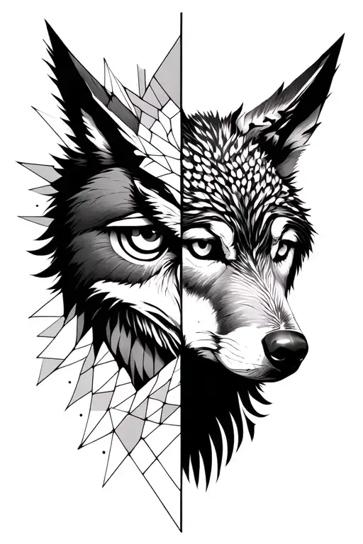 half owl face on the left, haf wolf face on the right with geometric filler tattoo design idea