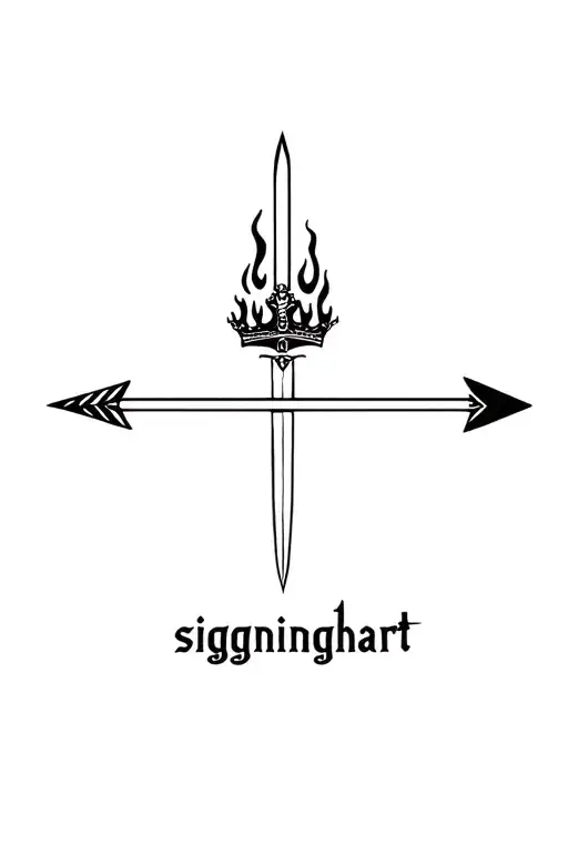 A cross arrow with a sword, both thin, simple and straight.	Above a small crown with flames under "signinghart" tattoo design idea