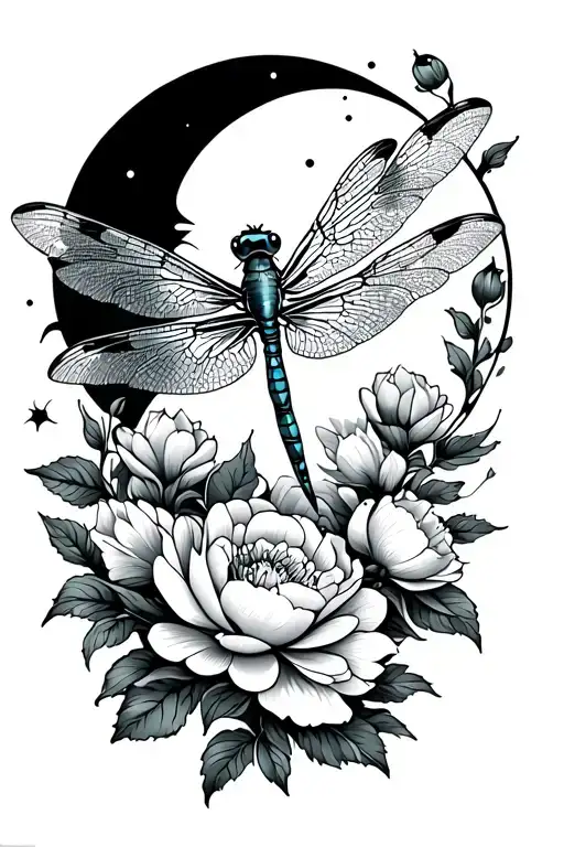 fine line tatoo. A dragonfly around peonies with outstretched wings flying among to the sun and moon. tattoo design idea