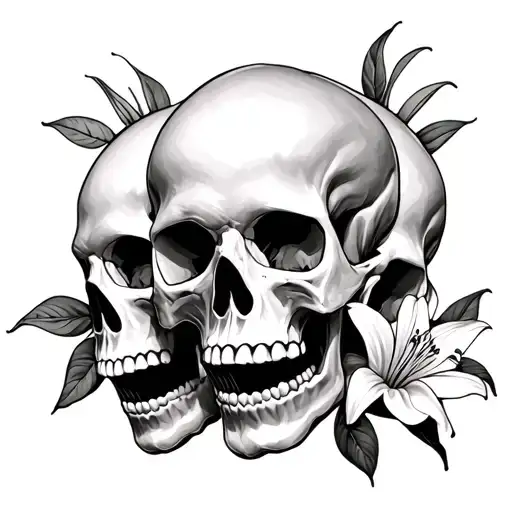 3 skulls with a lilly flower coming out of one skull tattoo design idea