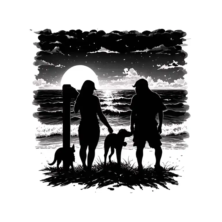 silhouette of two humans with a dog in the middle looking out on the ocean tattoo design idea