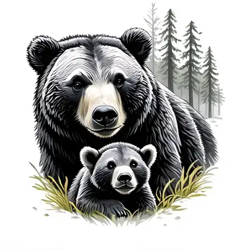 momma bear with a cub in the forest tattoo design idea