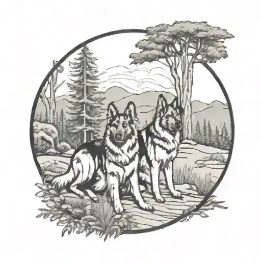 3 long haired german shepherd dogs standing guard on a forest trail tattoo design idea