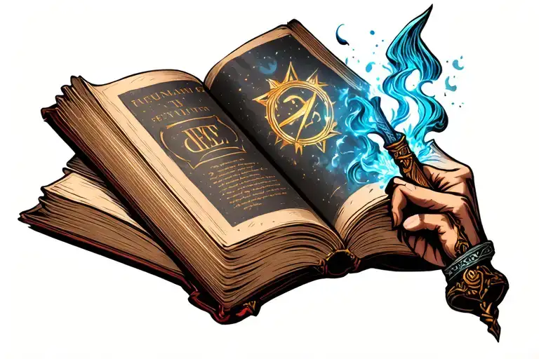 open book with the elder wand pointing at the book and the destiny 2 logo coming out of the book tattoo design idea