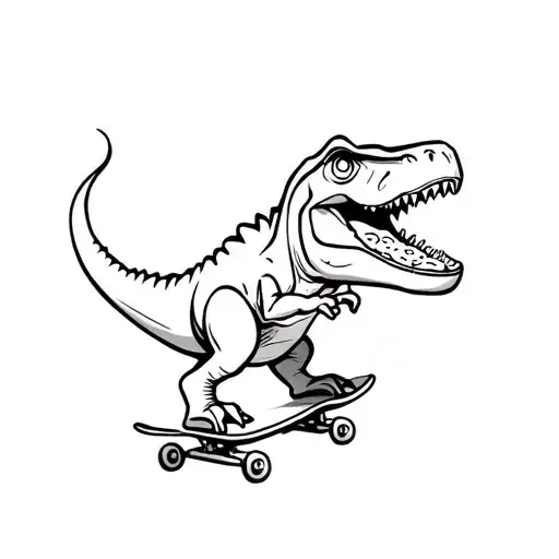 cartoon t-Rex on a skateboard eating pepperoni pizza tattoo design idea
