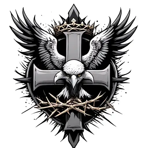 Christian cross with crown of thorns and eagle tattoo design idea