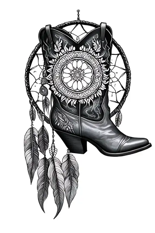 Feminine Scorpio Mandala Dream catcher Cowboy boots tattoo design idea