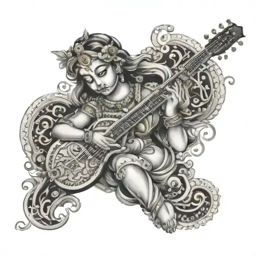 An intricate tattoo of the Hindu goddess Saraswati surrounded by mystical symbols and sacred texts, representing wisdom and learning tattoo design idea