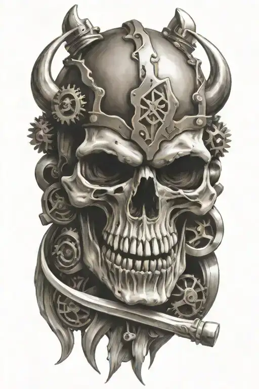 viking skull with fangs, crossed swords, surounded by gears and engine pistons tattoo design idea