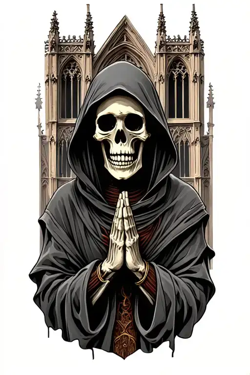 hooded skeleton infront of a cathedral praying tattoo design idea