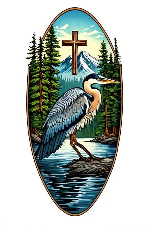 Mountian, flowing water, pine trees, great blue heron, cross tattoo design idea
