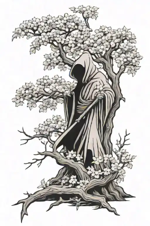 grim reaper standing under a dogwood tree with a large trunk tattoo design idea
