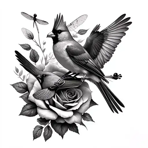 Forearm sleeve tattoo with 2 cardinals in flights and two dragonfly’s in flight with a rose flower background black and  tattoo design idea