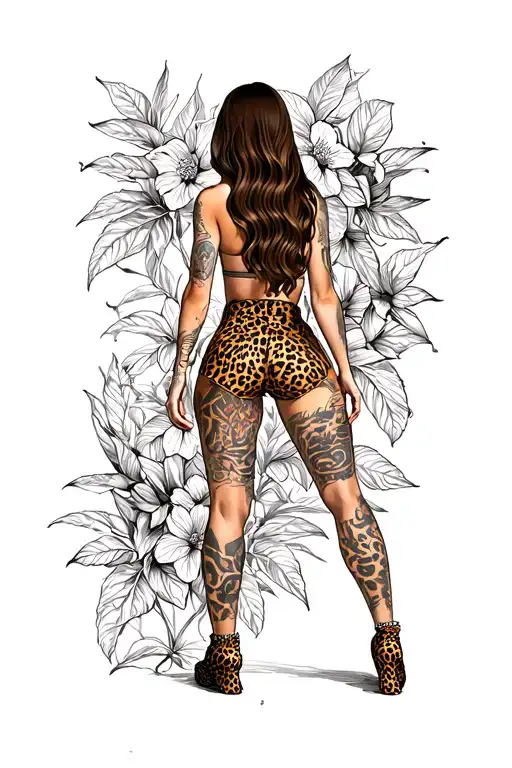A woman with long brown hair, standing with her back turned, wearing high-waisted leopard print shorts and leopard shoes tattoo design idea