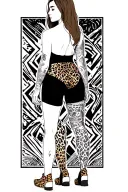 A woman with long brown hair, standing with her back turned, wearing high-waisted leopard print shorts and leopard shoes tattoo design idea
