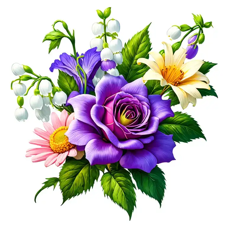 Rose(the flower), lily of the valley(the flower), violet(the flower), daisy(the flower), the stem is a lightning bolt.  tattoo design idea