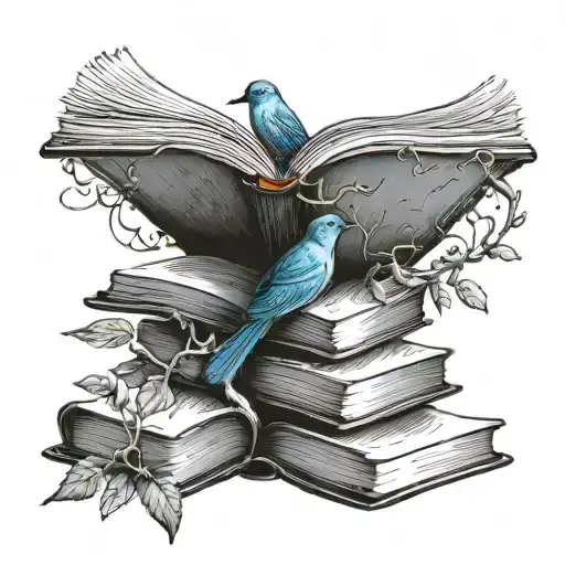 open book on top of closed books with tree growing out and blue bird tattoo design idea