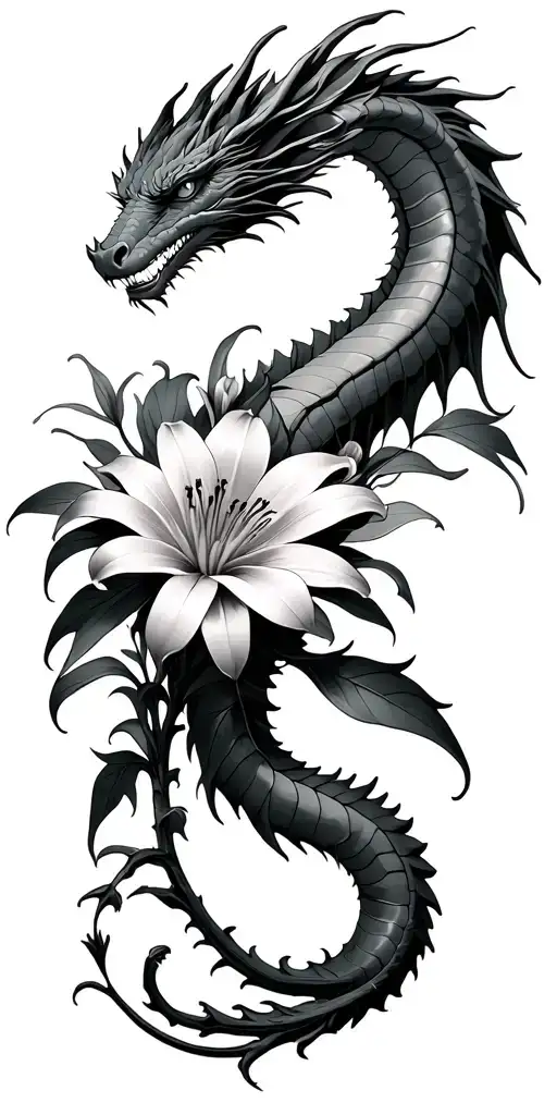 dragon, spider lilies, chrysanthemum flowers tattoo design idea
