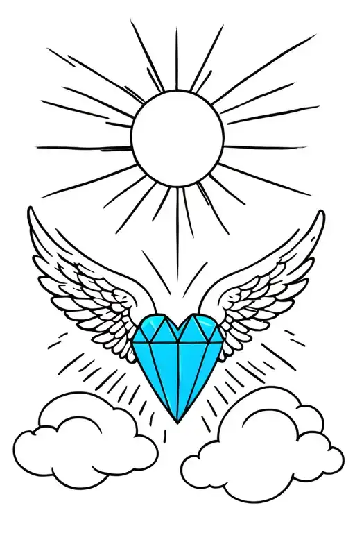 A blue diamond -colored heart with an angel wing in front and in the background of the sun rays that crosses cloud tattoo design idea