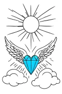 A blue diamond -colored heart with an angel wing in front and in the background of the sun rays that crosses cloud tattoo design idea