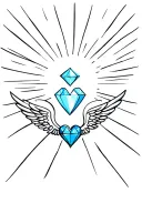 A blue diamond -colored heart with an angel wing in front and in the background of the sun rays that crosses cloud tattoo design idea