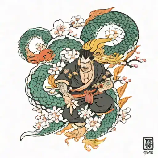 Oni, and samurai with a snake, protecting a phoenix and koi fish with cherry blossoms falling tattoo design idea