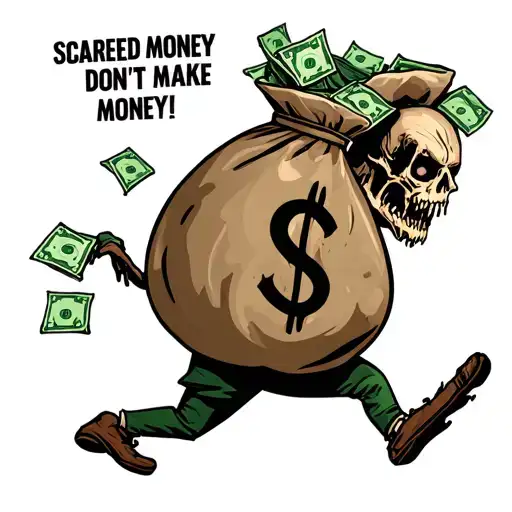 "Scared Money don’t make Money " "Scared Money don’t make Money " money bag running away. also can the money bag get chased by a zombie carrying moneybags.  tattoo design idea