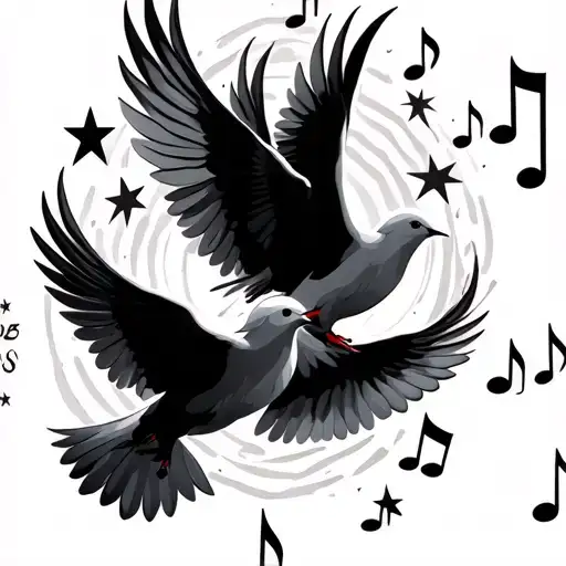 music notes stars an doves flying tattoo design idea